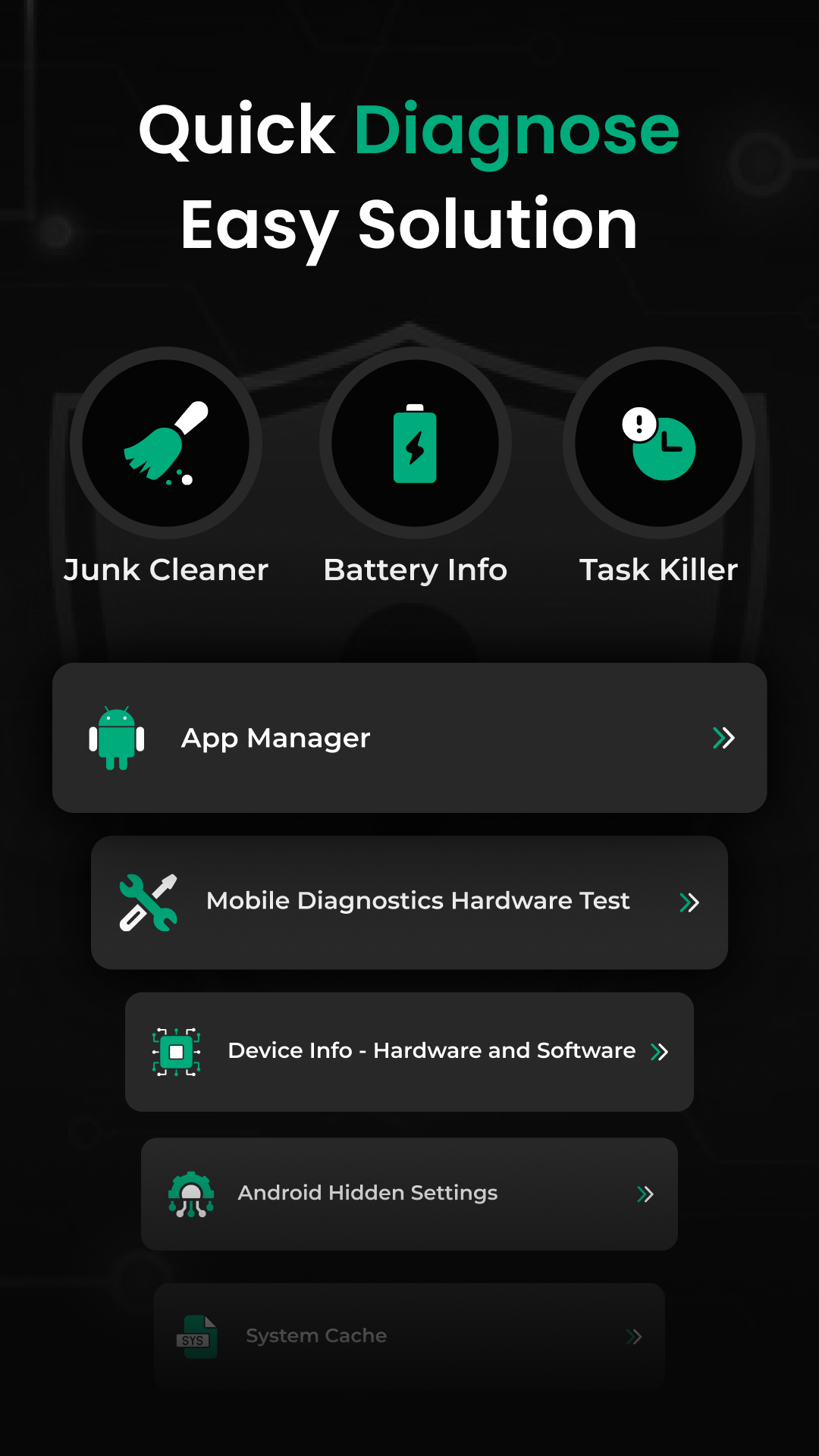 Junk cleaner and battery info screen in the Anti Spy spyware detector app